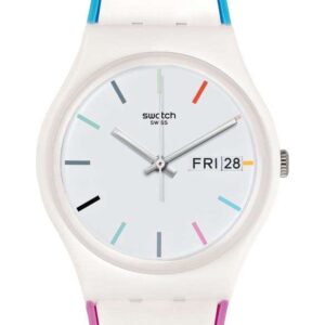 Swatch Edgyline 34mm White Plastic Case White Silicone Strap Ladies Girls Watch GW708