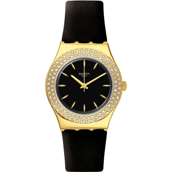 Swatch Goldy Show Quartz Black Dial Leather Strap Ladies Watch YLG141