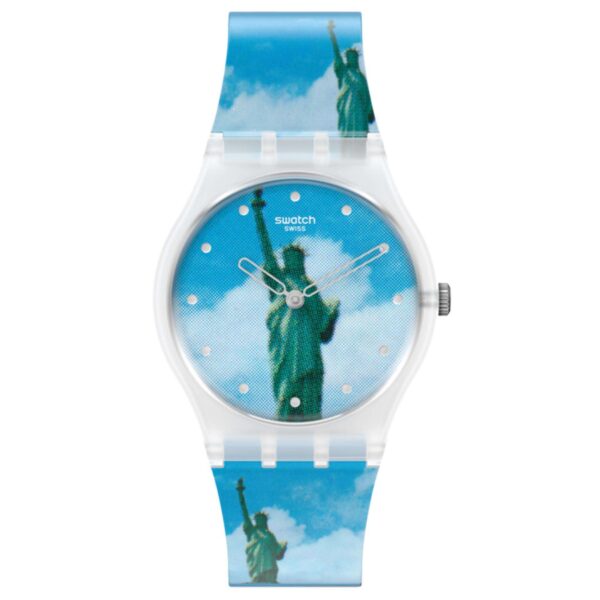 Swatch MoMA New York By Tadanori Yokoo Statue of Liberty Blue Dial Silicone Strap Watch GZ351