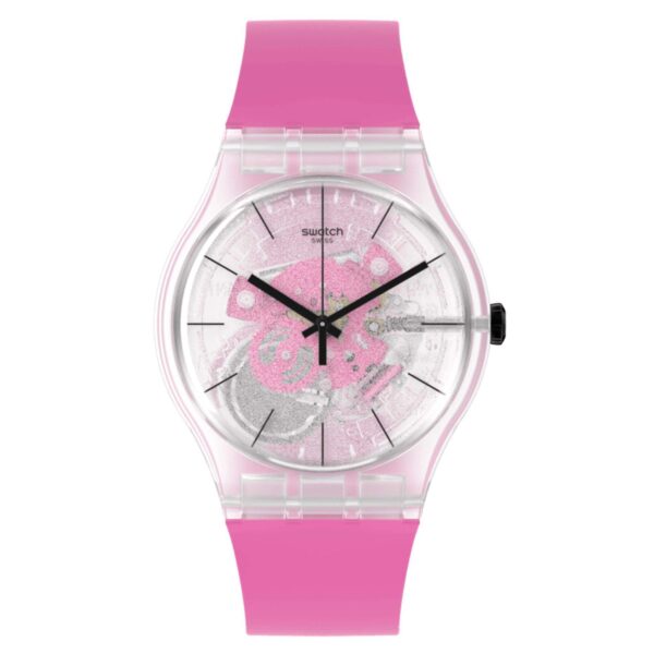 Swatch New Gent Pink Daze Quartz Transparnet Dial Pink Strap Ladies Watch SO29K107