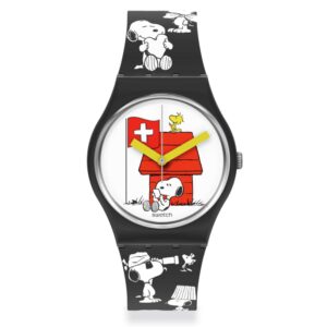 Swatch Peanuts Snoopy Grande Bracchetto! White Dial Black Silicone Strap Watch SO28Z107