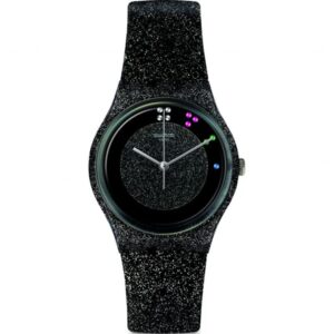 Swatch Scintillante Quartz Black Dial Glittery Leather Strap Ladies Watch GZ335S