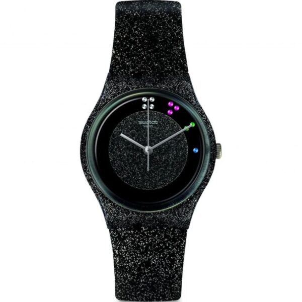 Swatch Scintillante Quartz Black Dial Glittery Leather Strap Ladies Watch GZ335S