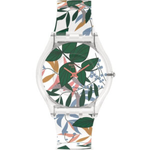 Swatch Skin Classic Leaves Jungle Quartz Floral Dial Floral Silicone Strap Ladies Watch SS08K111