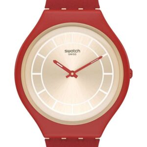 Swatch Skinhot Case Beige Dial Red Leather Strap Unisex Watch