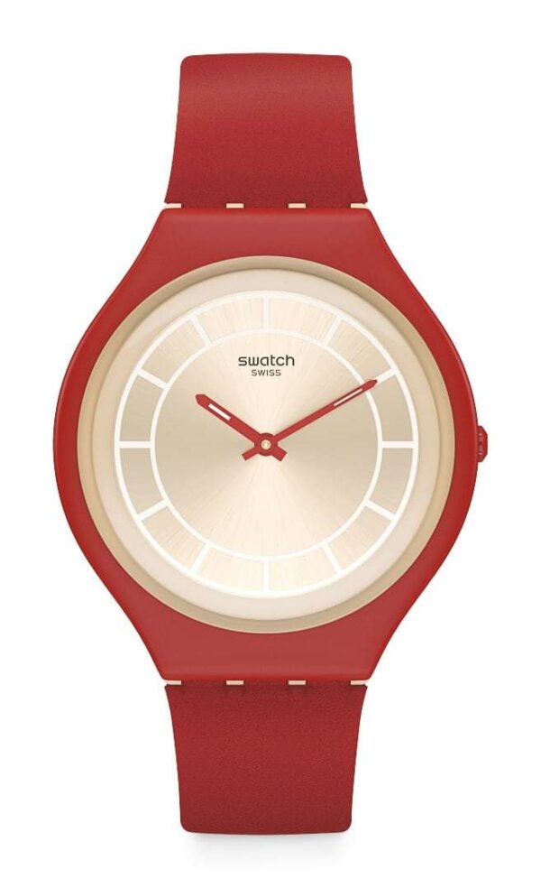 Swatch Skinhot Case Beige Dial Red Leather Strap Unisex Watch