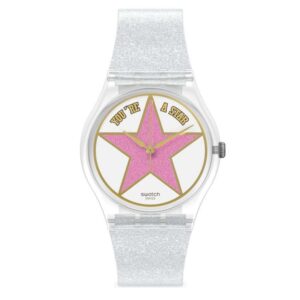 Swatch Star Mom Quartz Pink Dial Silver Silicone Strap Ladies Watch SO28Z108