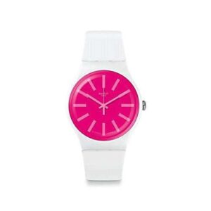 Swatch Strawbeon White Silicone Strap Hot Pink Dial Ladies Watch SUOW162 41mm